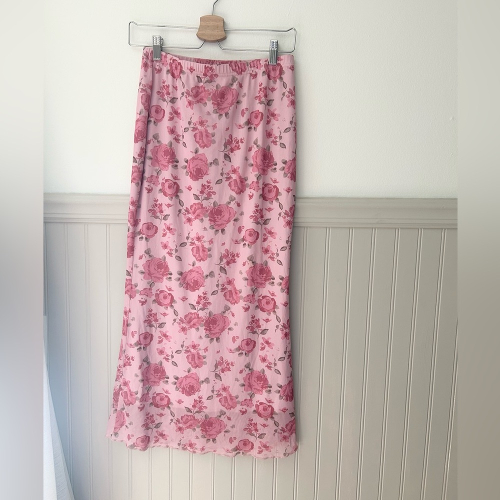 ROMWE Medium Pink Roses Floral Fairycore Maxi Skirt Cottagecore Boho Size 6